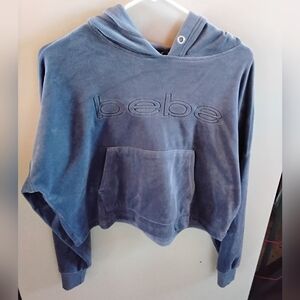 Bebe Sport Women's Charcoal Grey Velour Plush Crop Hoodie Embroidered Logo Med